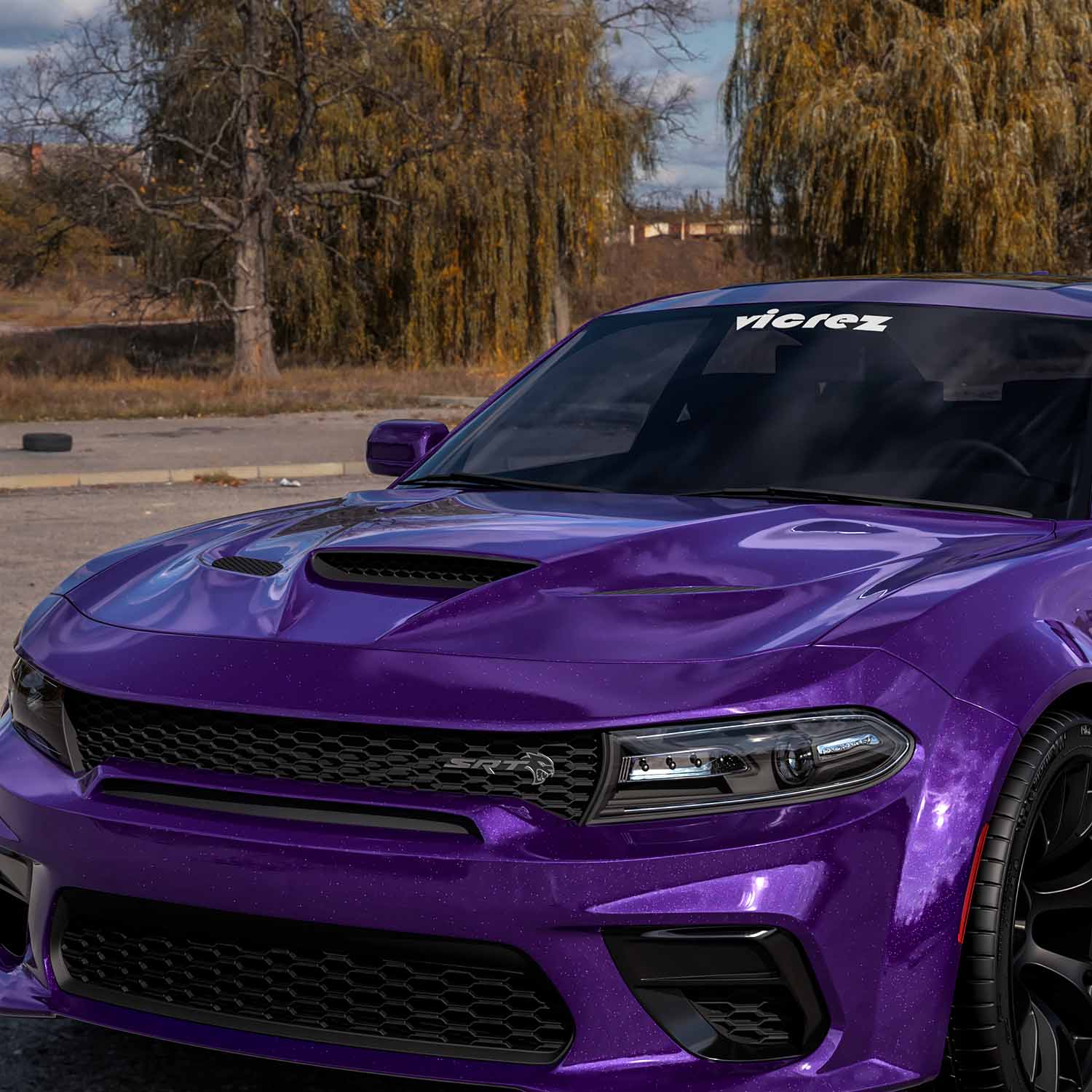 Purple Dodge Charger with a Vicrez vented custom hood