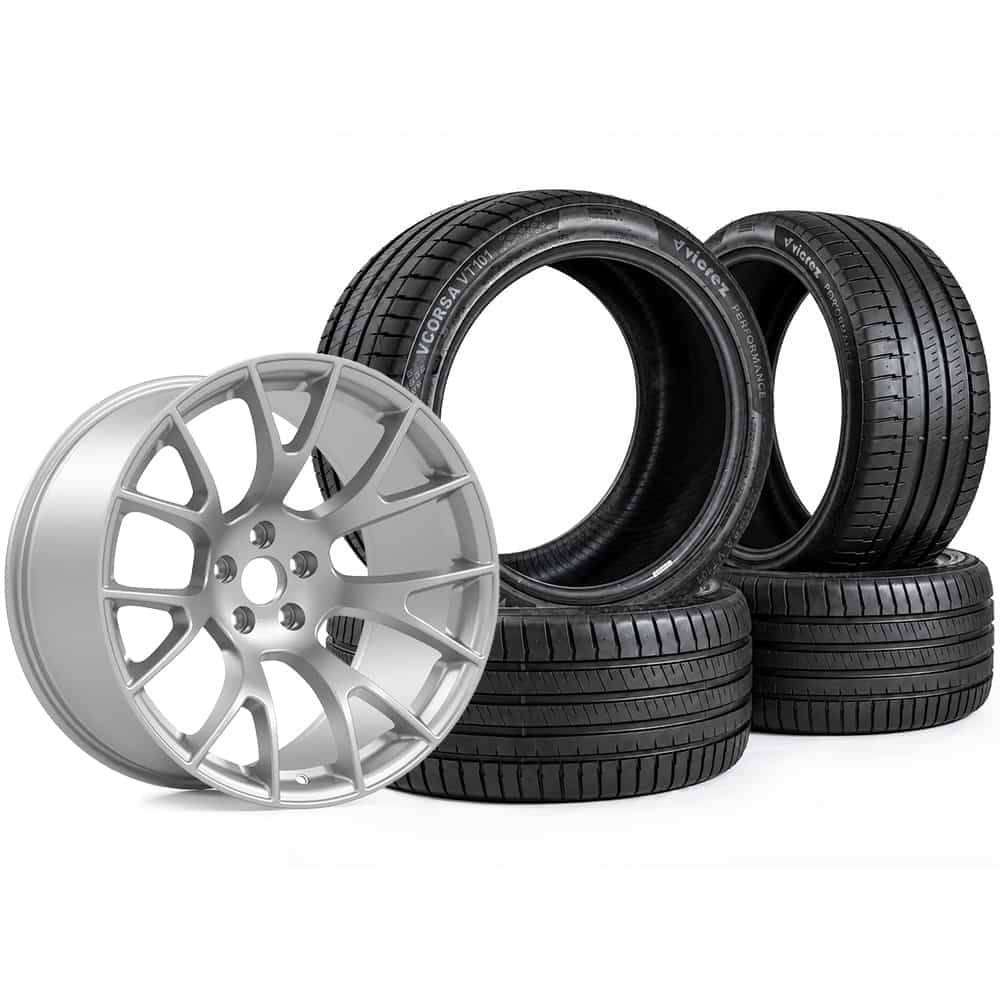 20x11 Hellcat Style Widebody Matte Silver Wheels & Vicrez Performance VCORSA 305/35ZR20 All Season VT101 Tire Package vzn124286 | Dodge Challenger 2008-2024