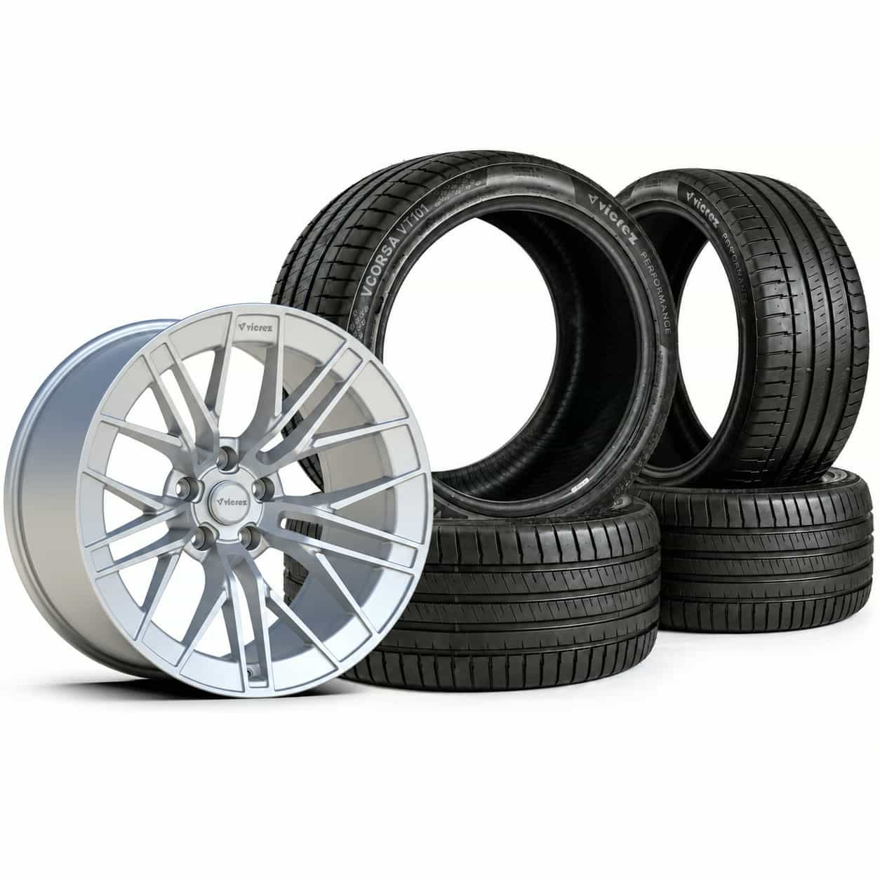 20x11 VFS180 Matte Silver Staggered Wheels & Vicrez Performance VCORSA 305/35ZR20 & 315/35ZR20 All Season VT101 Tire Package vzn125148 | Chrysler 300 / 300C / SRT8 2005-2023