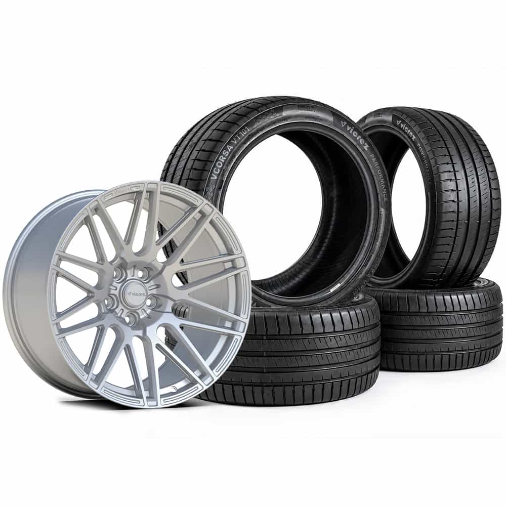 20x11 VFS200 Matte Silver Staggered Wheels & Vicrez Performance VCORSA 305/35ZR20 & 315/35ZR20 All Season VT101 Tire Package vzn125363 | Dodge Charger Widebody 2008-2023