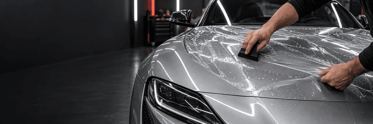 PPF installation training artwork showing clear film being applied to a silver car hood