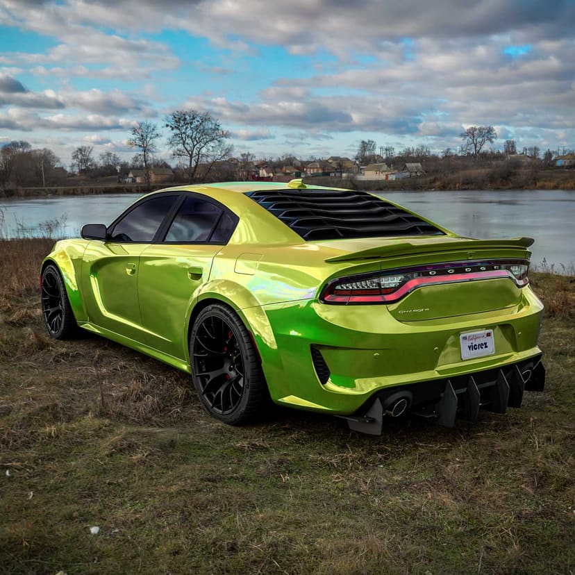 Green Dodge Charger Widebody x Hellcat Style Widebody Matte Black Wheel