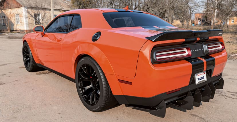Orange Dodge Challenger Widebody x Hellcat Style Widebody Matte Black Wheel