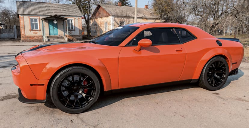Orange Dodge Challenger Widebody x Hellcat Style Widebody Matte Black Wheel