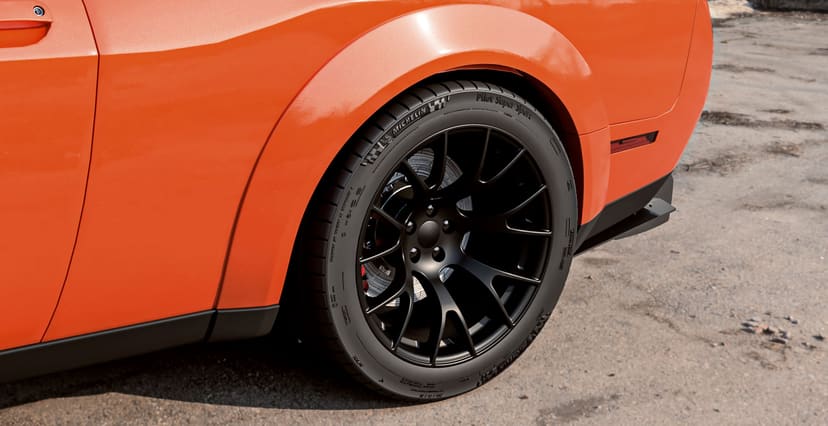Orange Dodge Challenger Widebody x Hellcat Style Widebody Matte Black Wheel
