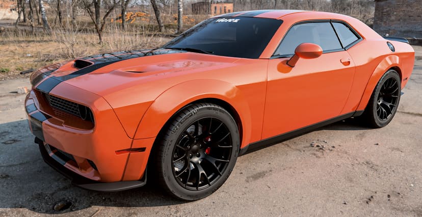 Orange Dodge Challenger Widebody x Hellcat Style Widebody Matte Black Wheel
