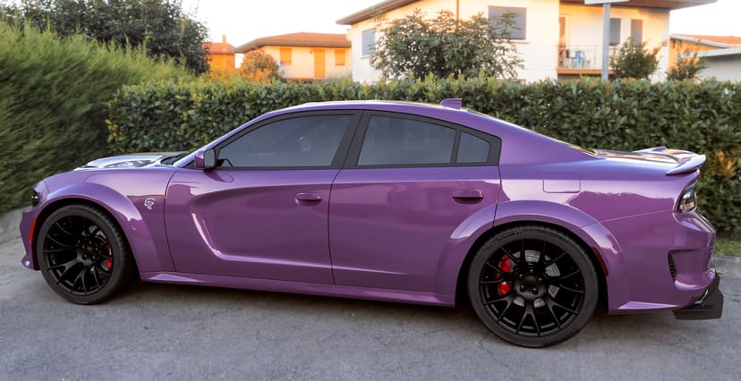 Purple Dodge Charger Widebody x Hellcat Style Widebody Matte Black Wheel