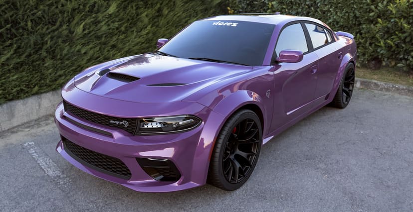 Purple Dodge Charger Widebody x Hellcat Style Widebody Matte Black Wheel