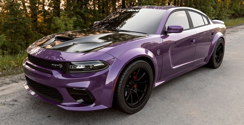 Purple Dodge Challenger Widebody x Redeye Demon Style Widebody Matte Black Wheel 20