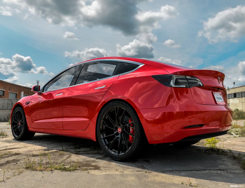 Red Tesla Model 3 x Vicrez VYF Forged Wheels  (Finished in Gloss Black)