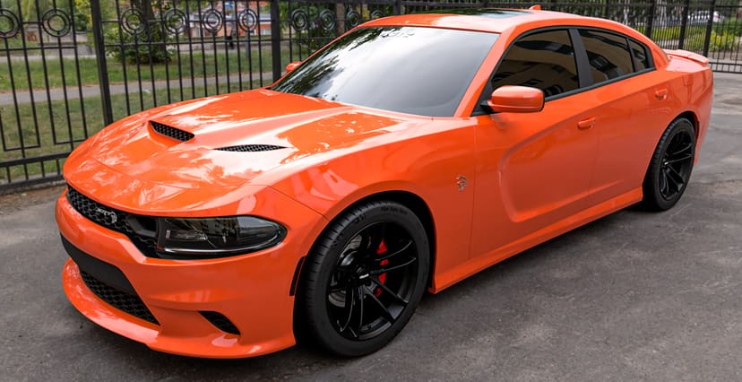 Orange Dodge Charger x Hellcat Widebody Style Matte Black Wheel