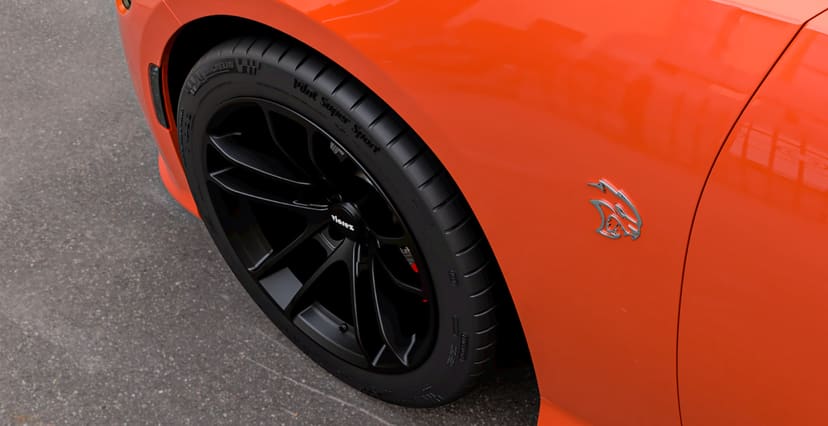 Orange Dodge Charger x Hellcat Widebody Style Matte Black Wheel