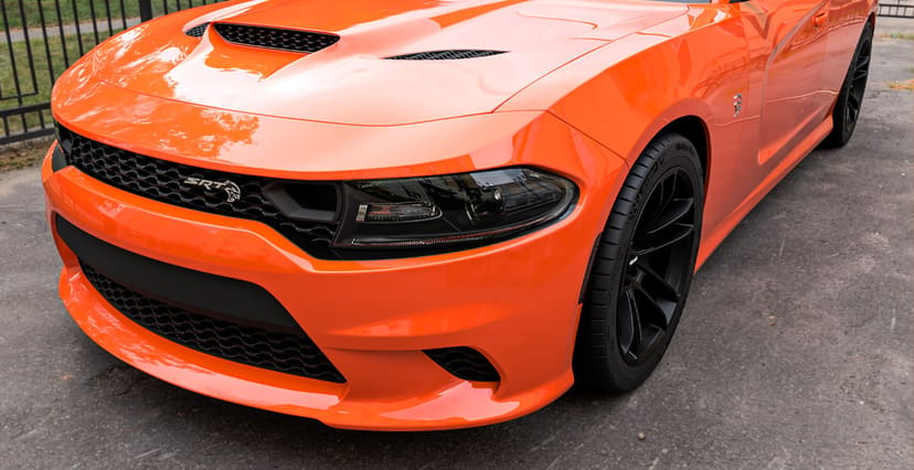 Orange Dodge Charger x Hellcat Widebody Style Matte Black Wheel
