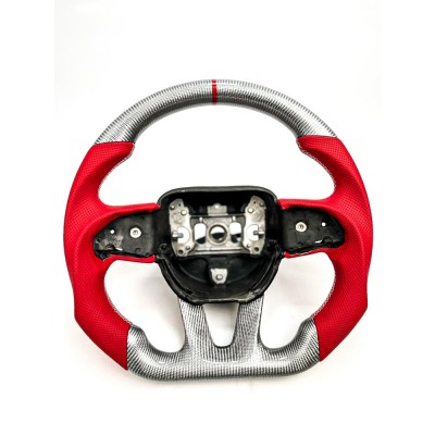 Vicrez Custom OEM Carbon Fiber Steering Wheel vz101785 | Dodge Charger 2015-2022 | Ring: Red / Material: Silver Carbon Fiber / Stitching: White / Hand Grips: Red Leather